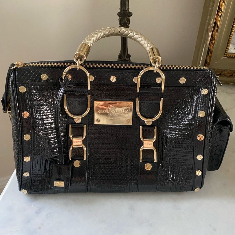 Versace black python snap out of it bag